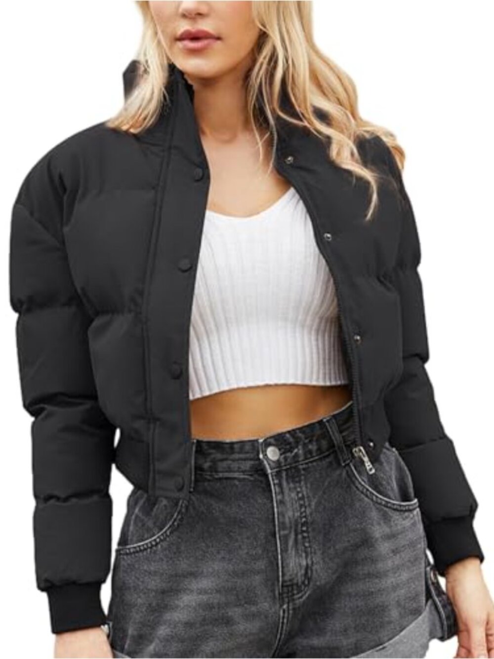 Cropped Puffer Jacket Quilted Bubble Coat Zip Up Winter Warm